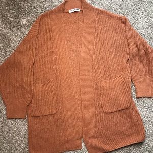 Chunky Burnt Orange Cardigan Sweater with Front Pockets